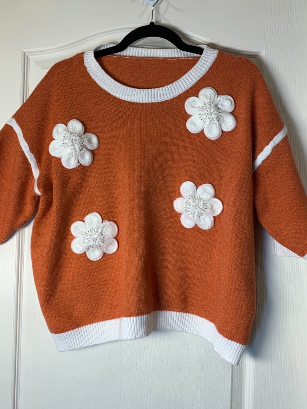 Orange Floral Appliqué Knit‎ Crop Sweater 3/4 Beaded Flowers Cottagecore XXL